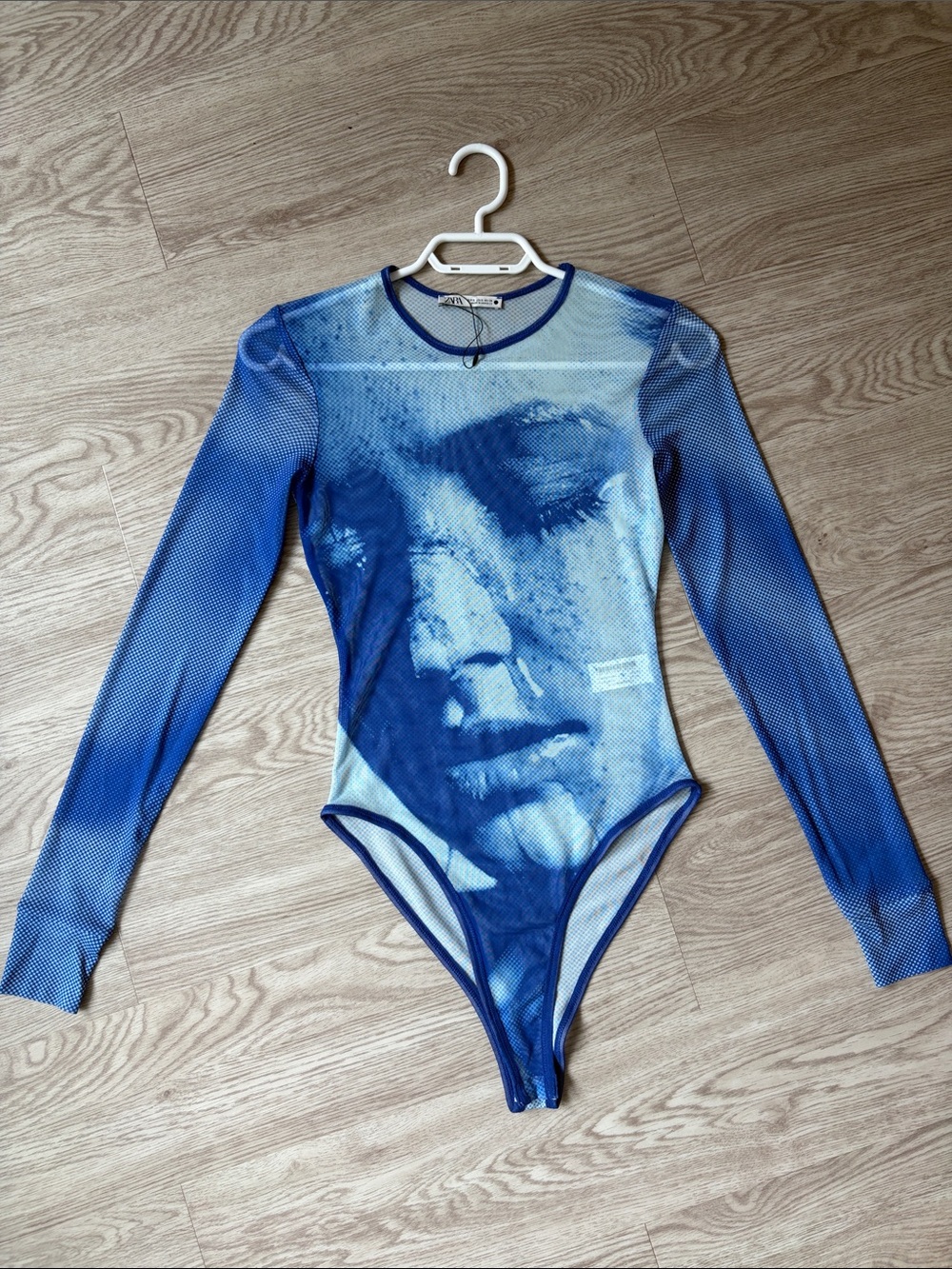 ZARA Mesh Blue Long-Sleeve Graphic Bodysuit